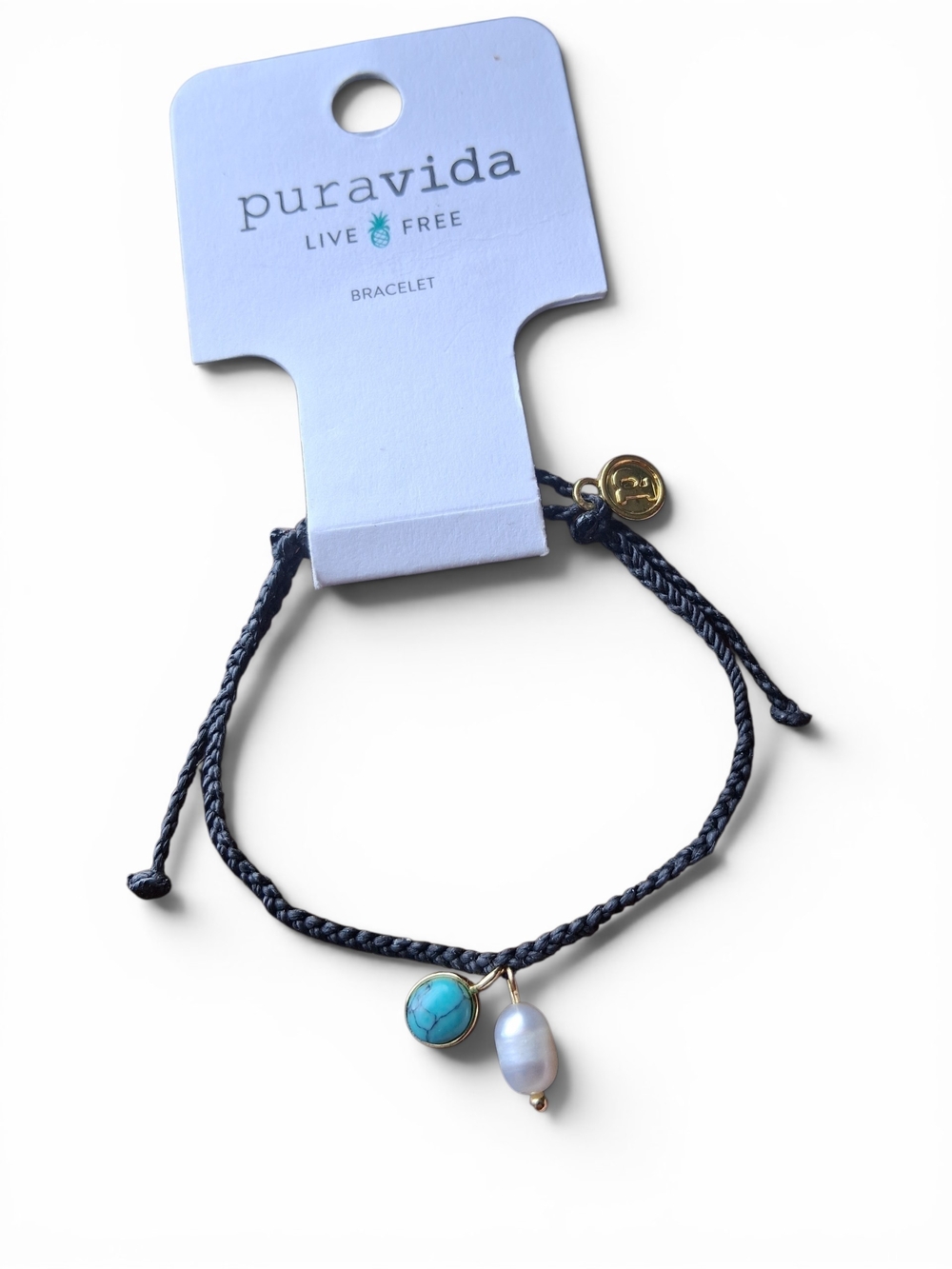 Pura Vida Black Braided Bracelet with Turquoise/ Gold Charm and Pearl